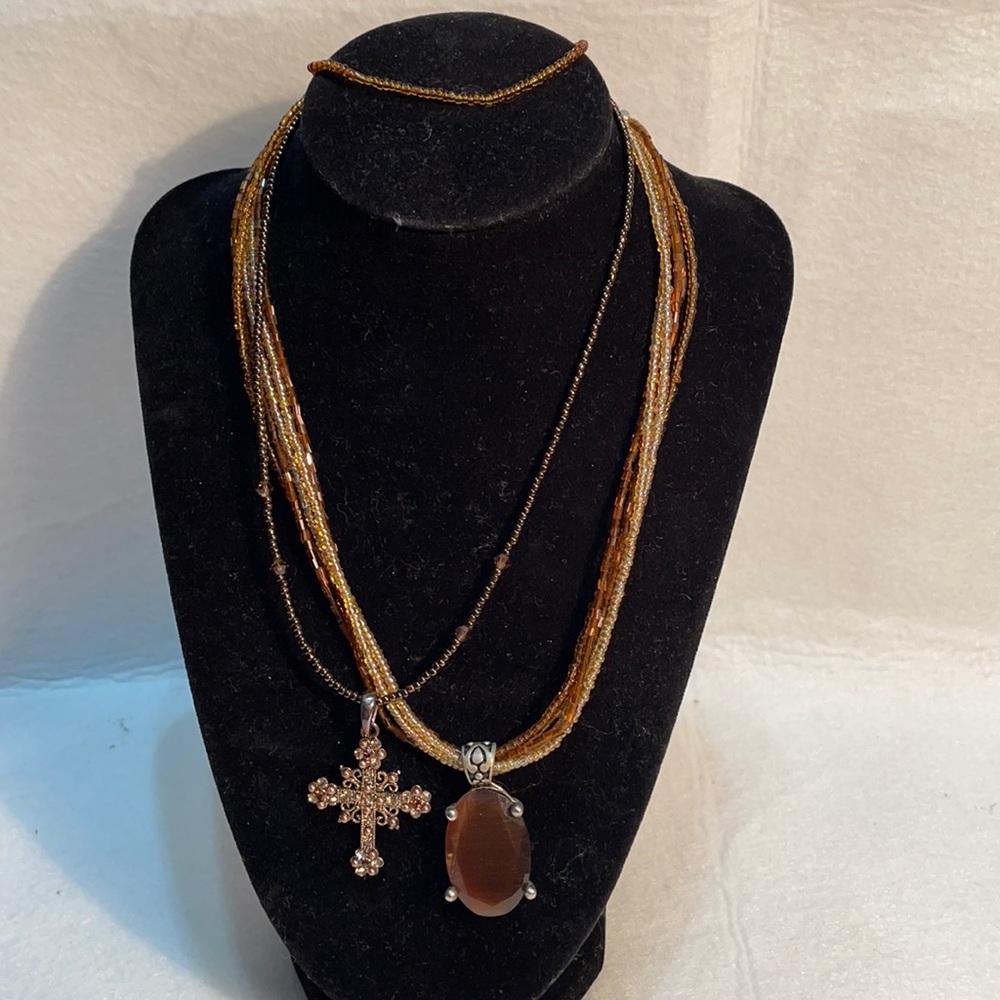 Premier Design amber golden color beaded necklace w/ amber glass pendant & cross
